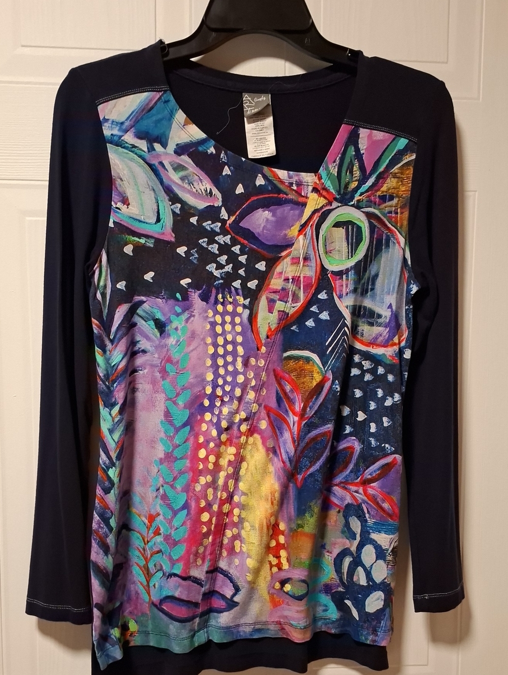 Sigrid Olsen Navy Long-Sleeve Abstract Paintbrush Print Top